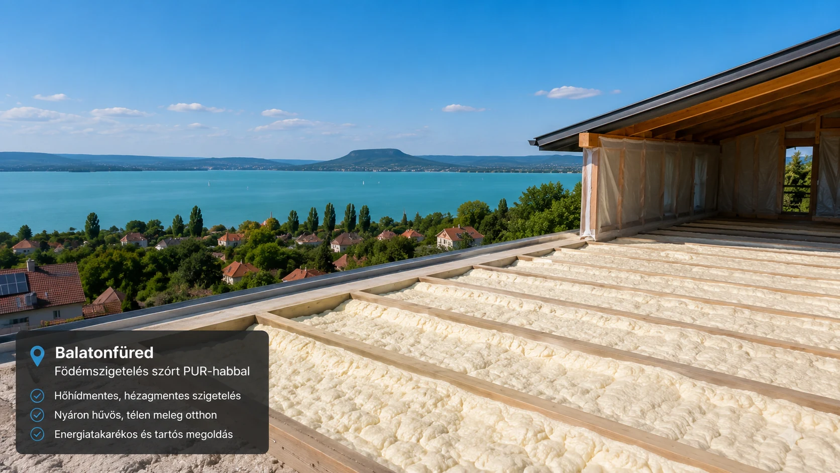 Balatonfüredi födémszigetelés szórt PUR-habbal, balatoni panorámával
