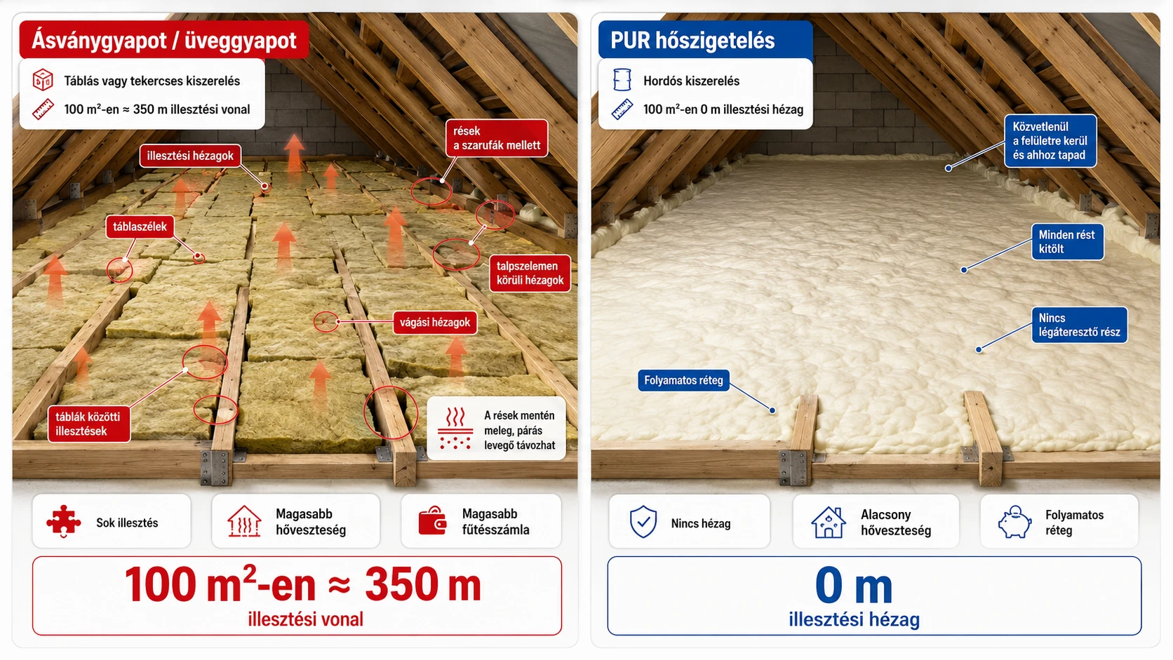 Padlásfödém összehasonlítás: táblás ásványgyapot vagy üveggyapot sok illesztéssel és réssel, illetve folytonos PUR hőszigetelés illesztési hézag nélkül.