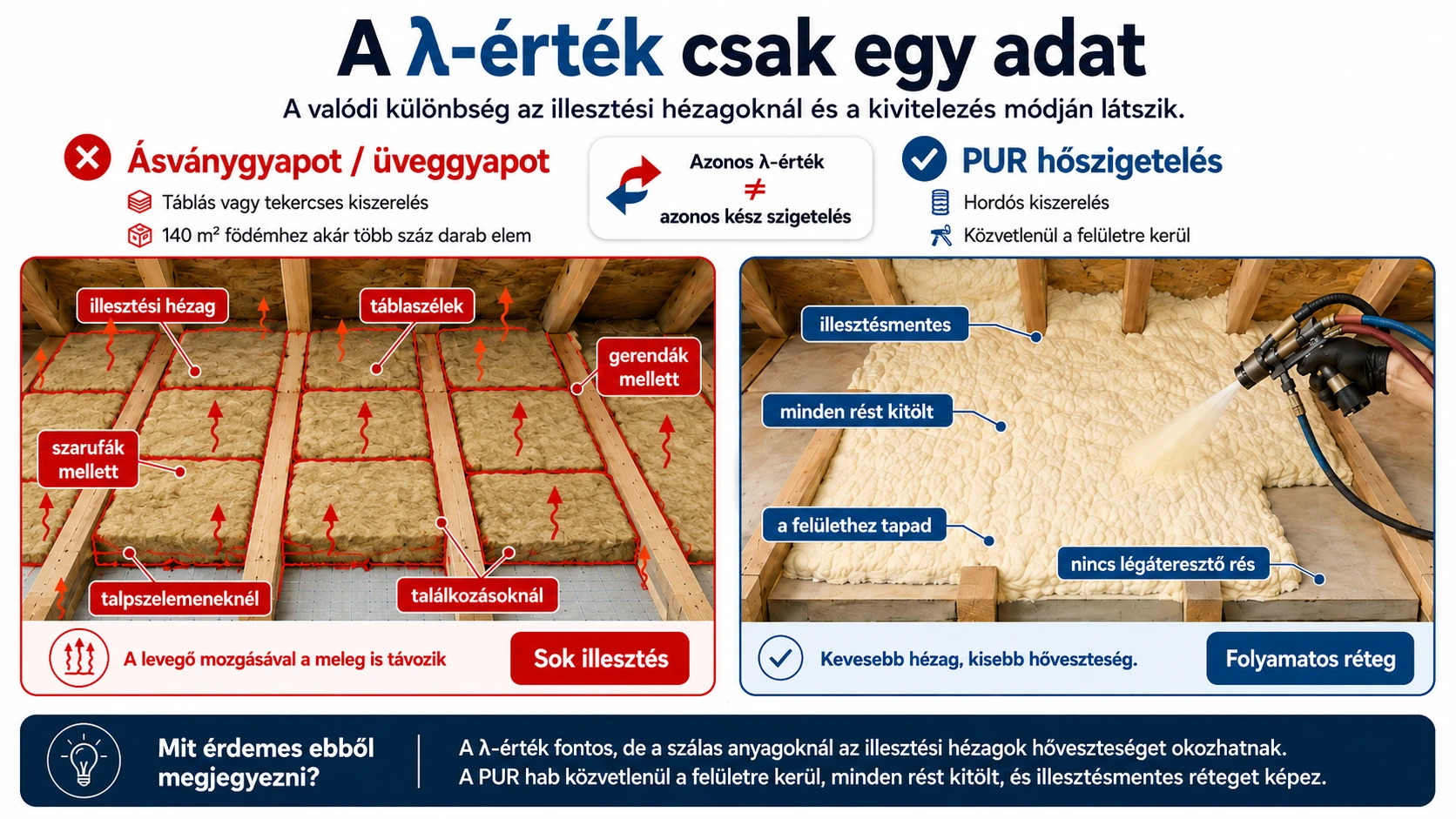 Összehasonlító grafika, amely bemutatja, hogy azonos lambdaérték nem jelent automatikusan azonos kész szigetelést, mert a táblás szigetelésnél illesztési hézagok maradhatnak, a szórt PUR pedig folytonos réteget képez.